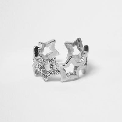Silver tone embellished star ring
